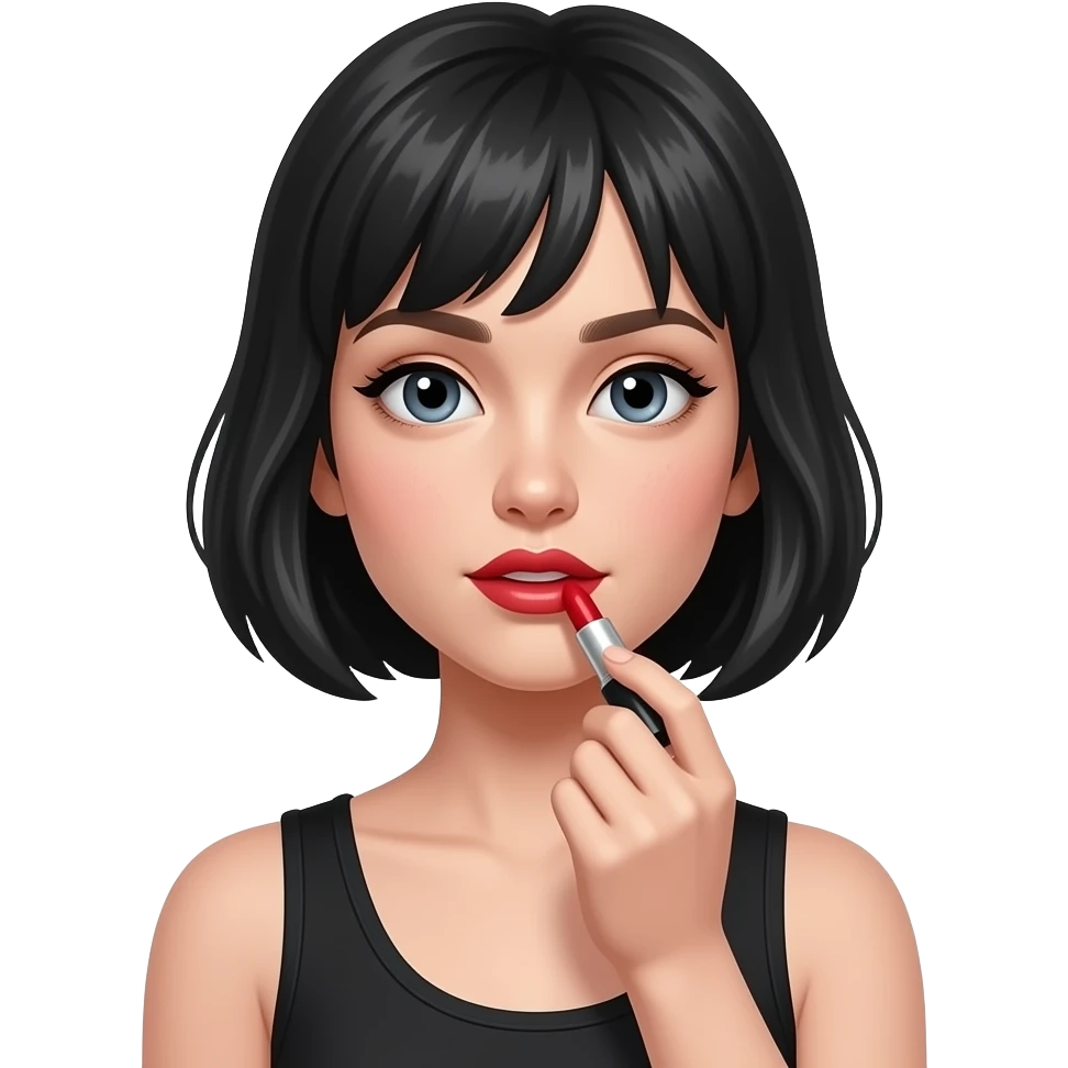 White girl with short black hair applying red lipstick, wearing a black tank top, iPhone emoji style emoji