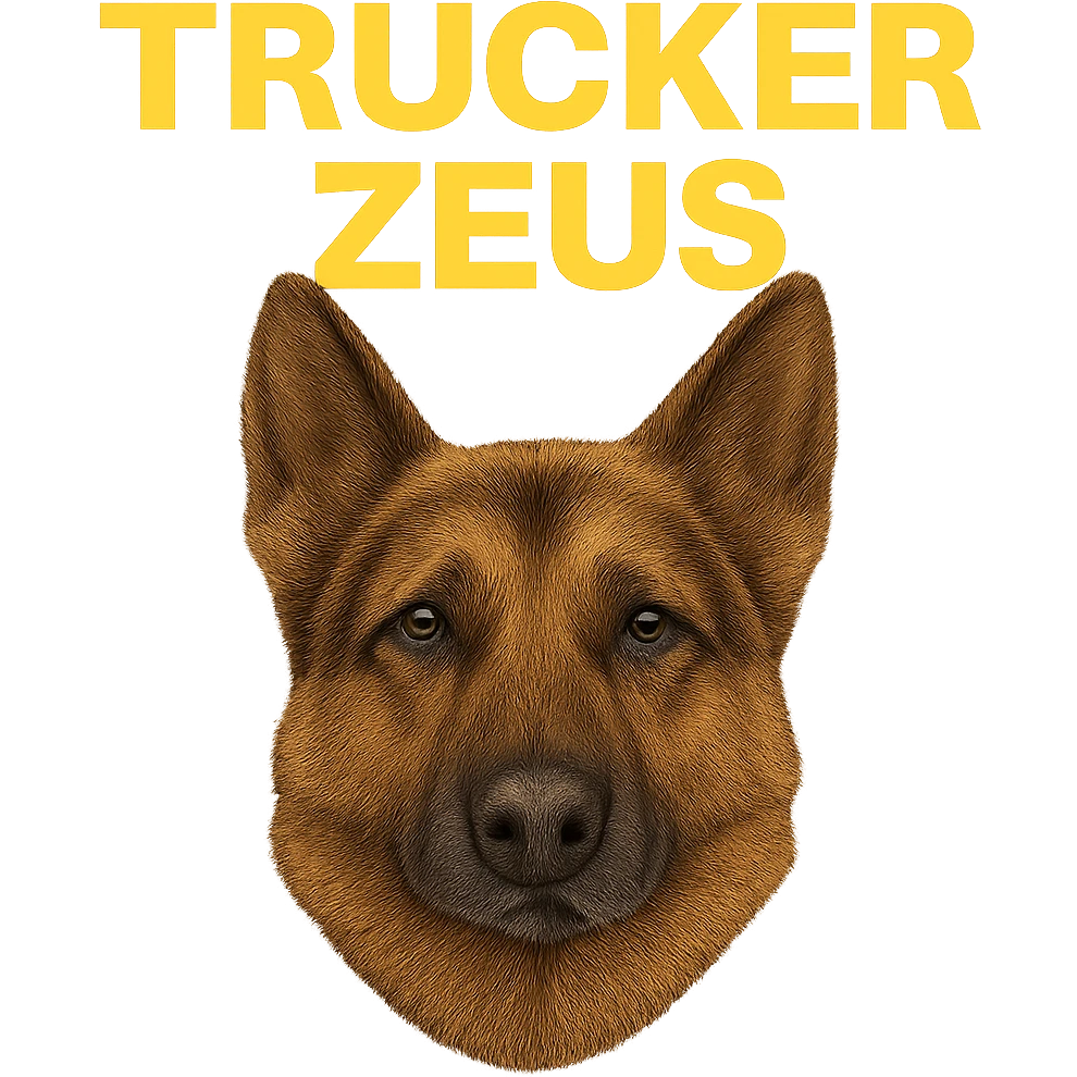 Convert the image to JPEG format with a white background if transparency is not supported. Keep the realistic German Shepherd and yellow 'Trucker Zeus' text. Maximize compression for smallest file size. emoji