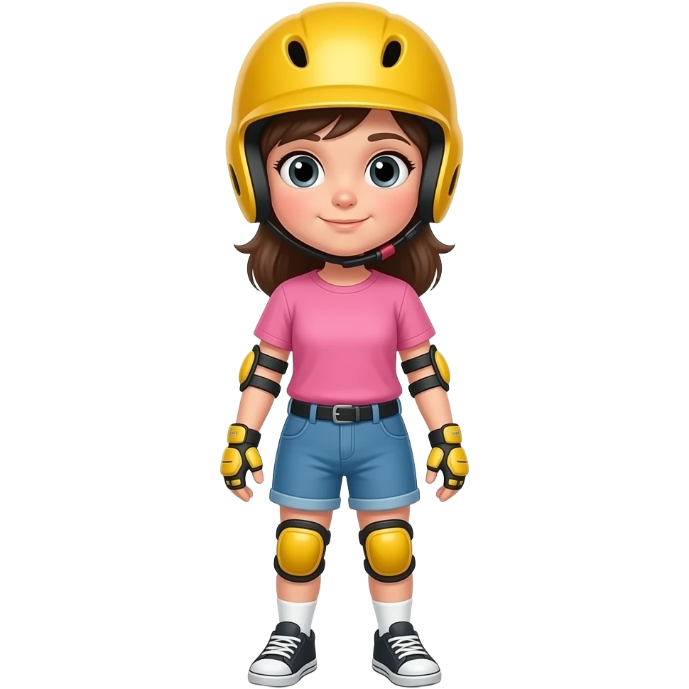 Child girl standing upright, wearing yellow elbow pads and knee pads, yellow helmet, ready-to-play expression, front-facing pose. emoji