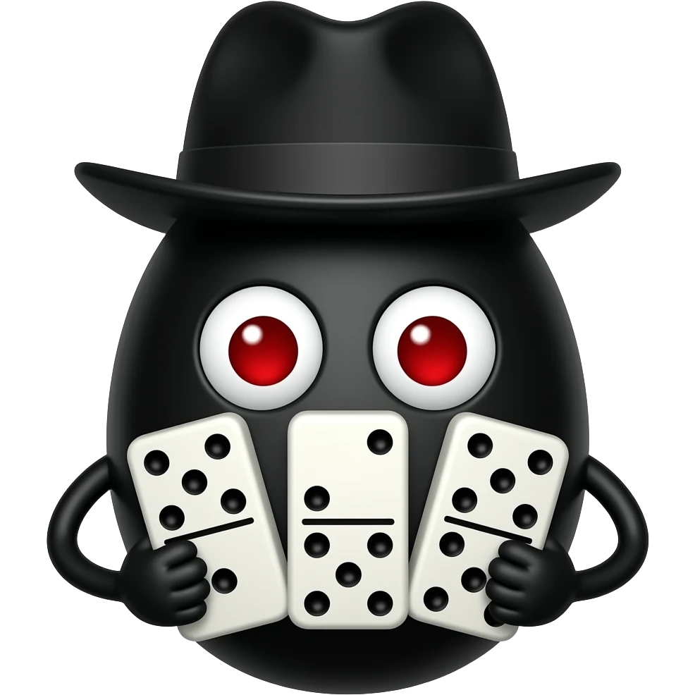 um ovo preto com 2 olhos vermelhos com chapeu preto com 3 dominos emoji