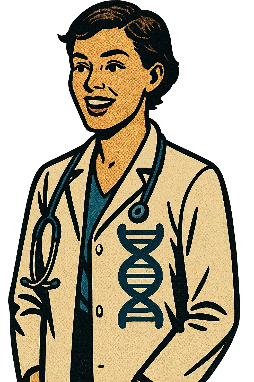 A modern female doctor with short hair wearing a coat with DNA on it emoji