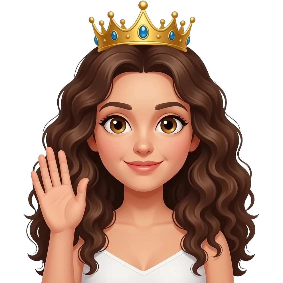 A woman with slightly tanned skin, long, curly brown hair, hazel eyes, and a crown on her head, her hand raised as if to signal, like an emoticon on a mobile phone, against a transparent background. emoji