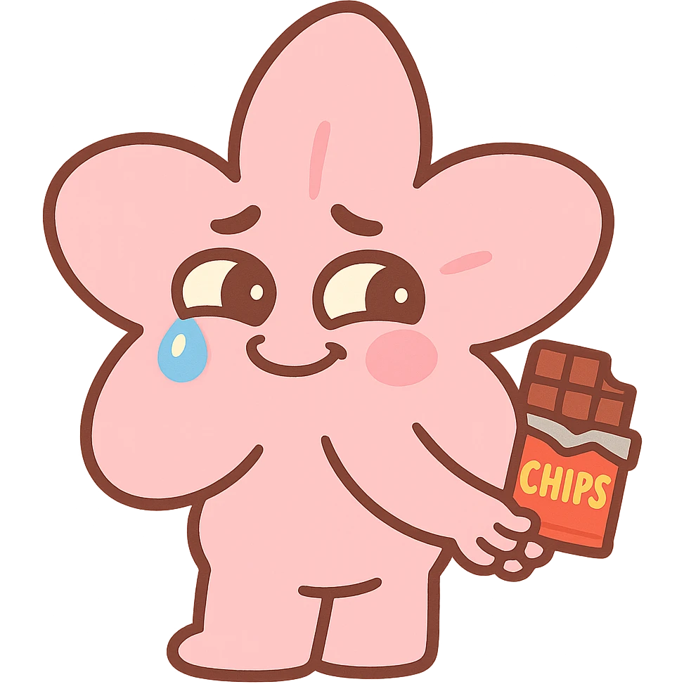 baby pink cherry blossom flower with teary eyes and a mischievous smile, hiding snacks behind its back, soft chubby body, kawaii face, pastel-toon style emoji