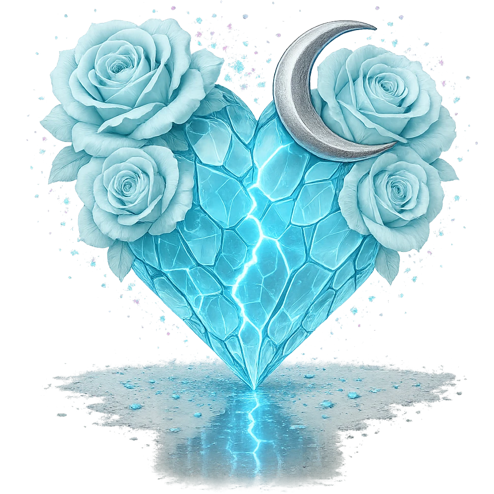 Edit the gothic heart to be formed from splintered light blue glass, a silver crescent moon, light blue roses, sparkling holographic stardust, neon lightning, and a wet, reflective surface. Keep the background transparent. emoji