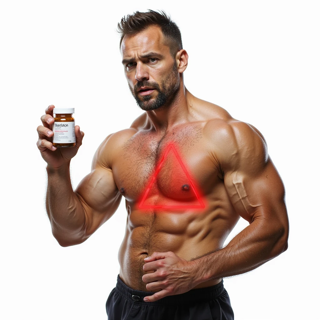 bodybuilder with growing muscles, holding a box of oral steroids, liver area highlighted with red danger triangle symbol, worried look, isolated on white background emoji