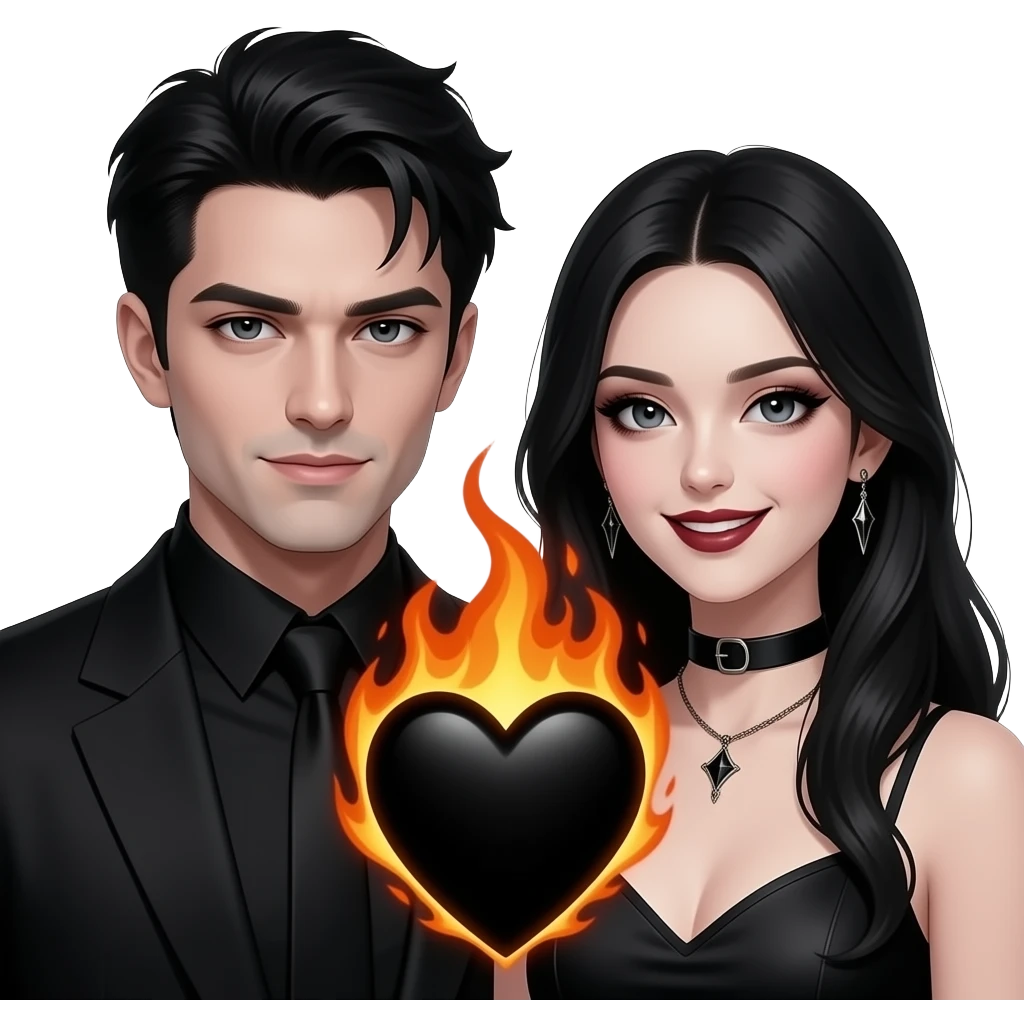 sexy dark gothic serious man and woman smiling with fiery black heart in the middle of them. Give the wiman gothic make upFantasy realistic emoji