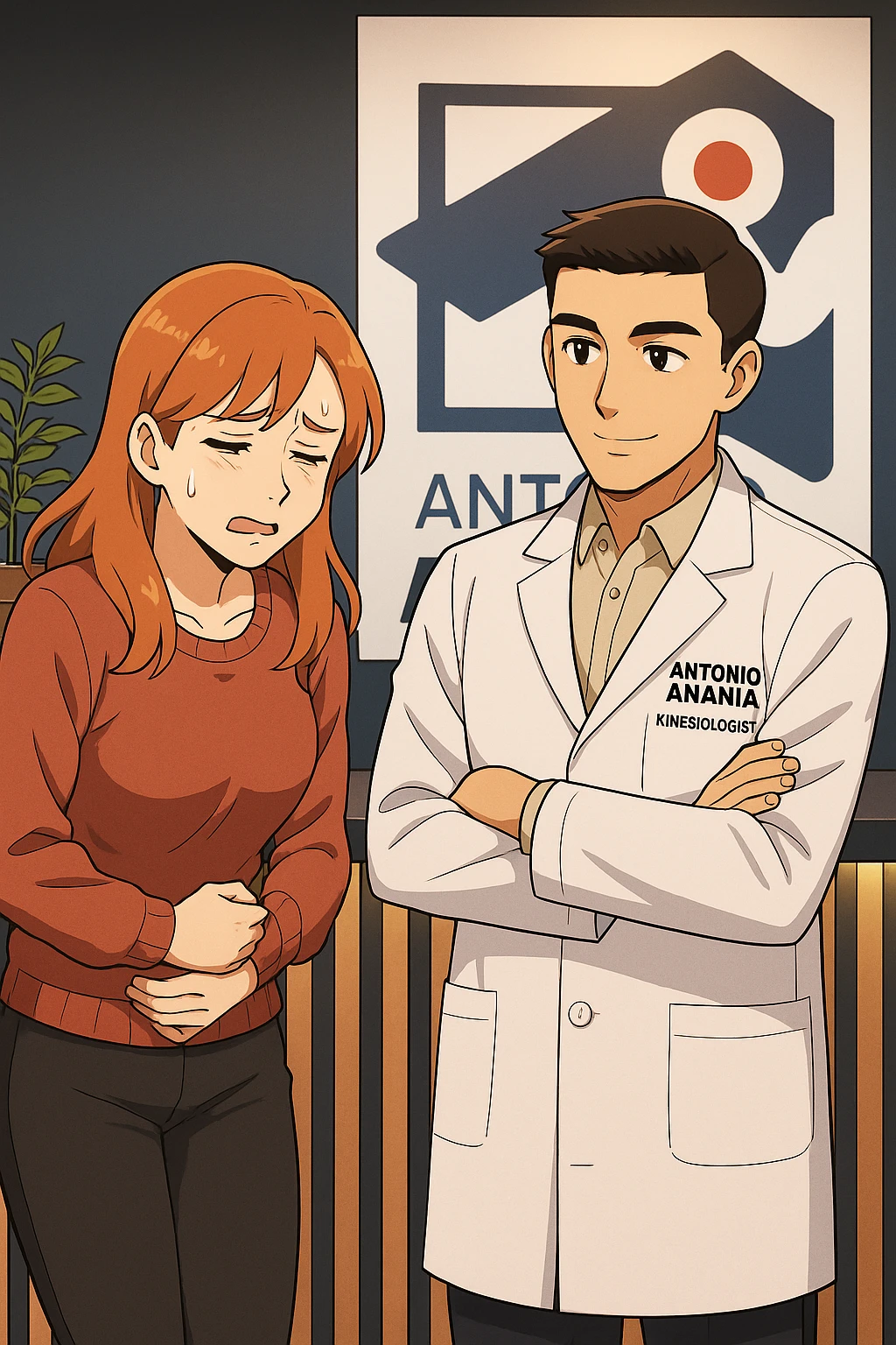 su questo stile fai un manga/webtoon a colori in cui una donna si lamenta che sta male e ha mal di pancia, l'uomo della foto in stile manga gli risponde, mantieni un ambiente simile alla foto che ho allegato con il suo logo (sarebbe il suo studio, lui è un kinesiologo), scrivigli "ANTONIO ANANIA" sul camice bianco, non mettere fumetti, ma fai in modo che sembri che la donna chiede una cosa e l'uomo risponde alla sua domanda emoji