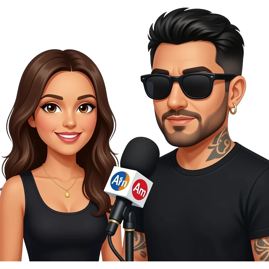 A podcast host, a handsome Latino man with medium hair, a graying beard, tattoos, hoops in his nose and ear, all in black with sunglasses, interviews a woman in front of a microphone with a logo reading "As I Am." emoji