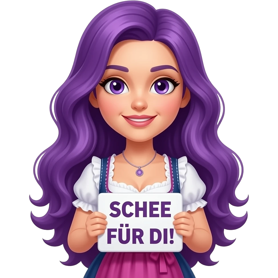 sexy girl with long purple hair and purple eyes wearing a dirndl holding a SCHEE FÜR DI! sign emoji