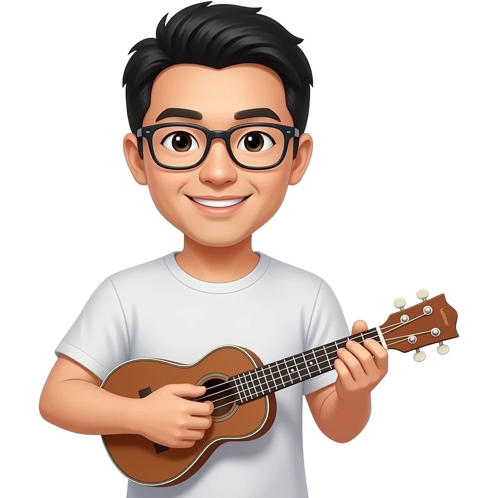 Asian man with glasses wearing tshirt playing ukulele emoji