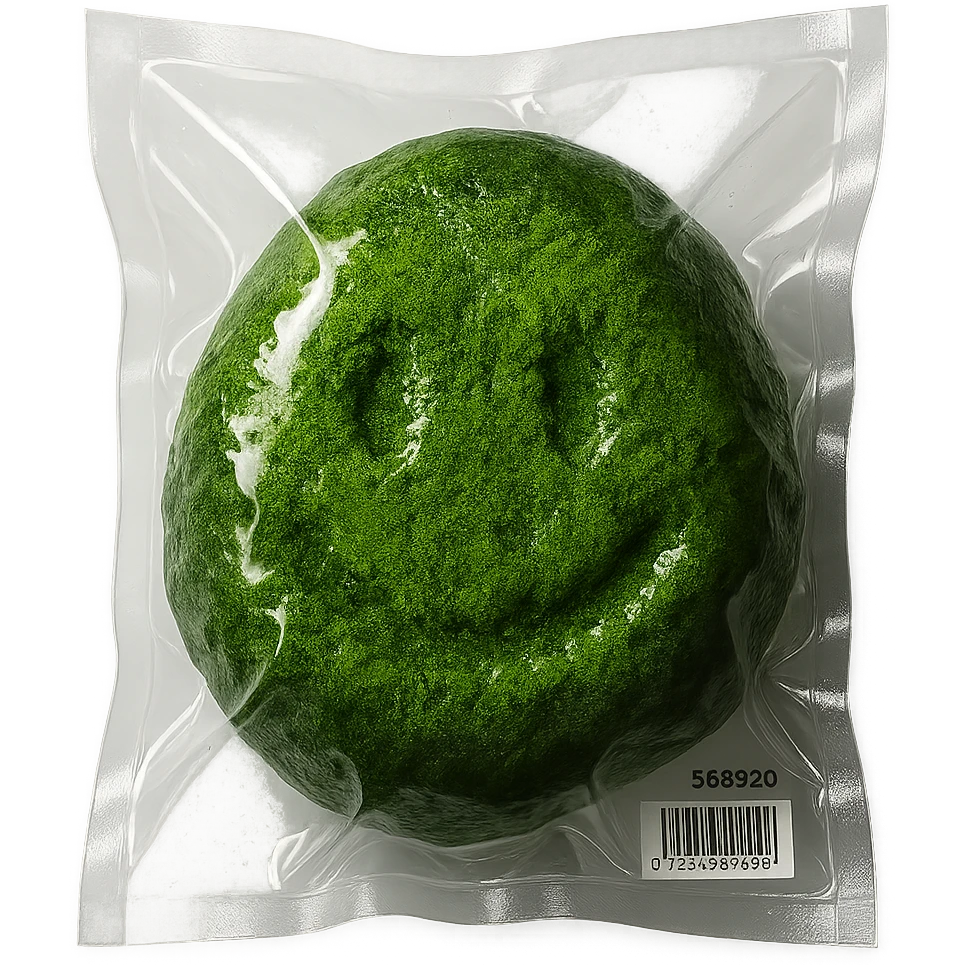 stone with green moss, glossy and puffy emoji