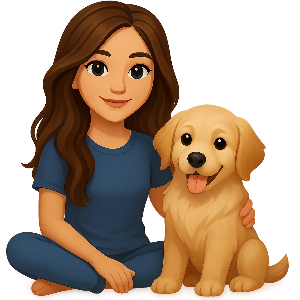 Create an emoji style image of a 20-year-old dirty blonde woman with brown highlights in her long hair and dark blue eyes, sitting beside an English cream golden retriever. The background is a warm sunset, and the mood is relaxed and happy. emoji