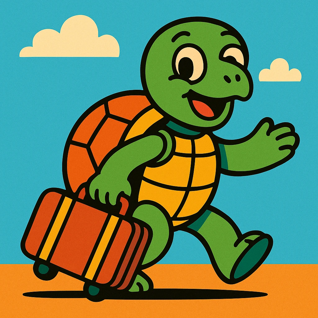 tortue qui part en voyage, style cartoon coloré, avec valise, air joyeux emoji