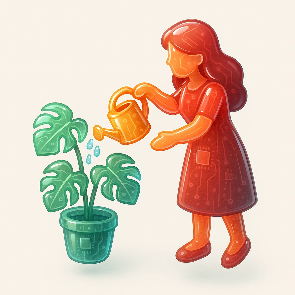 woman watering her monstera plant emoji