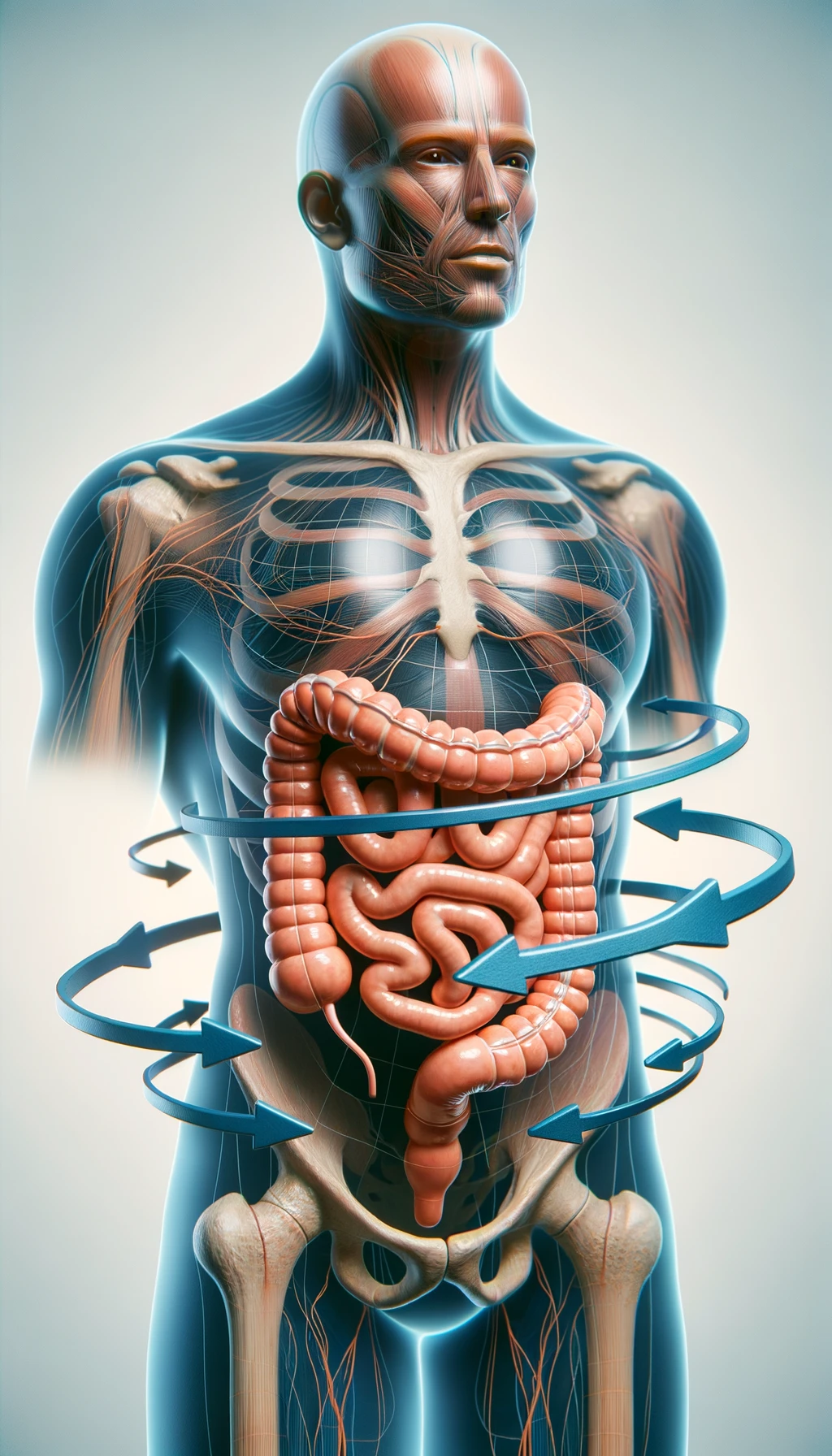 intestino umano anatomico con frecce 3d che gli girano intorno, sfondo chiaro, iperrealistico 4k emoji