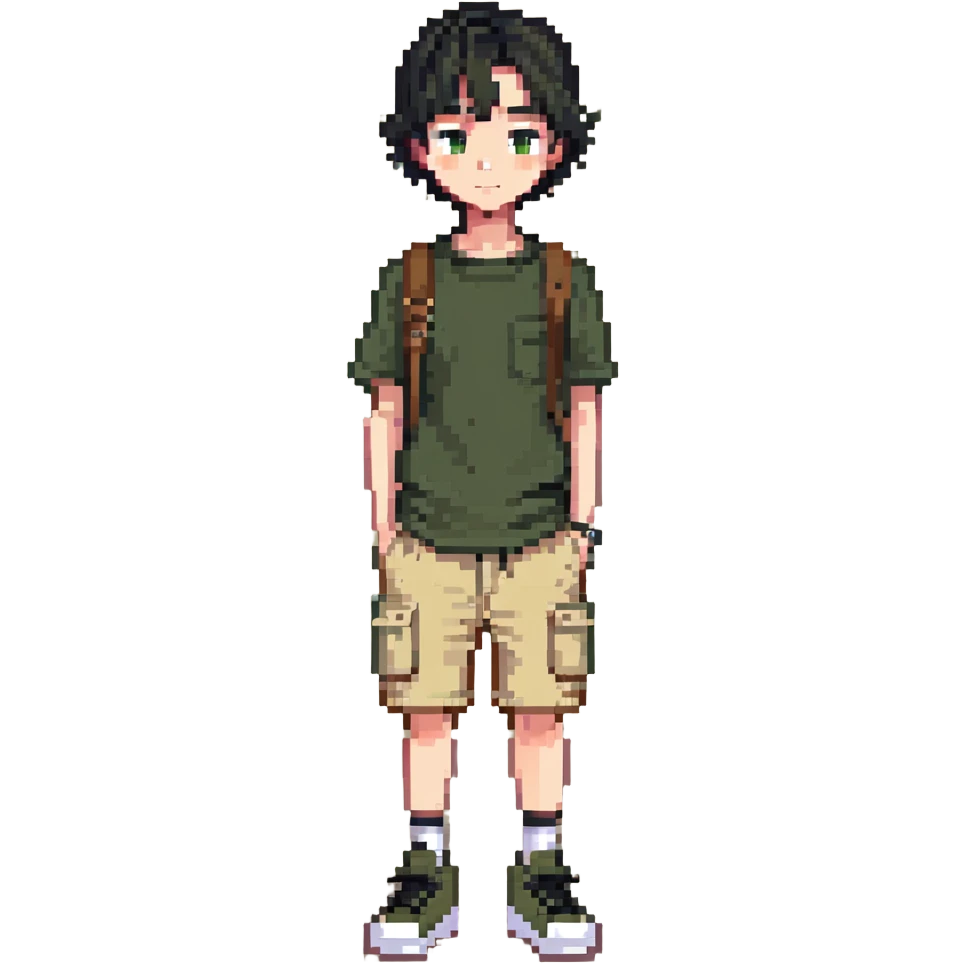 boy wearing an olive-green shirt over a brown T-shirt with beige cargo shorts emoji