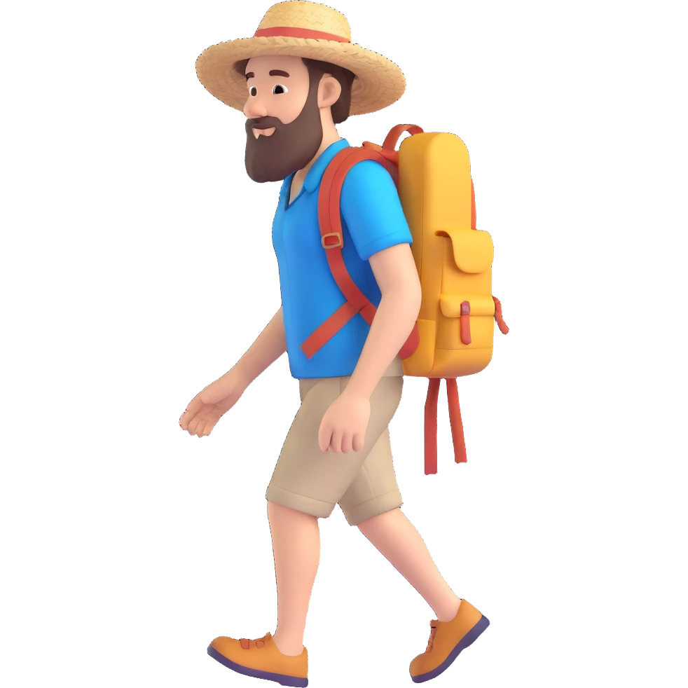 adventurous bearded guy in a straw hat, backpack, walking emoji