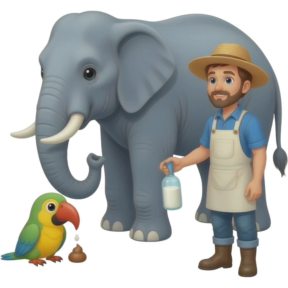 A pidgin pooping on an elephant who is getting milked by a farmer emoji