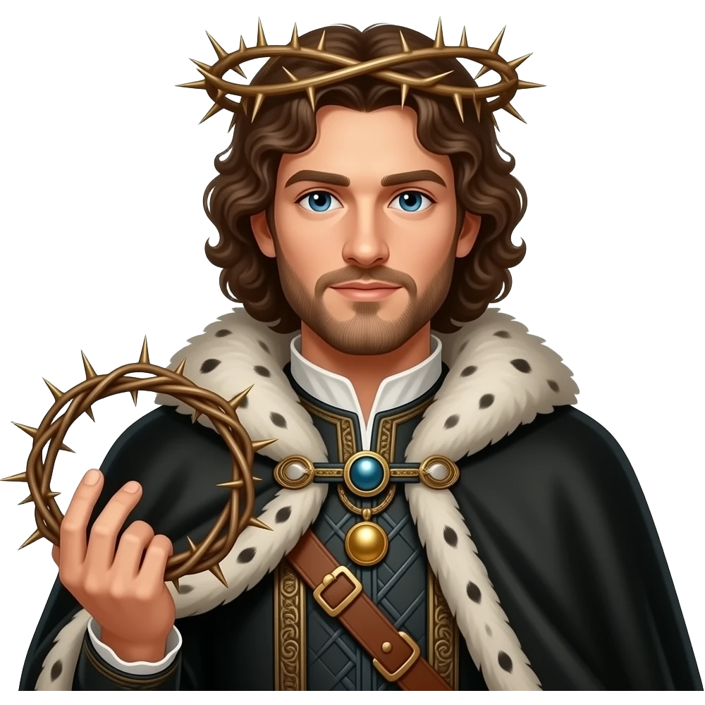 steampunk - en face penetrating balanced Albrecht Dürer Renaissance self-portrait with long curly hair in a cloak with a fur collar, in Renaissance dress, holding a crown of thorns with his left hand emoji