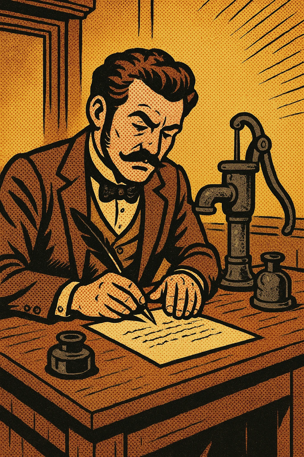 the full body of a victorian gentleman sitting at a wooden desk writing a letter.  On the desk is a metal handle and a broken water pump. He is sitting in an old victorian office emoji