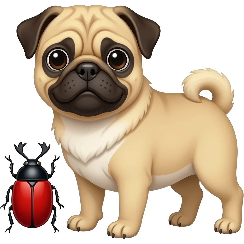 A pug with a red bug. The bug has a bag. emoji