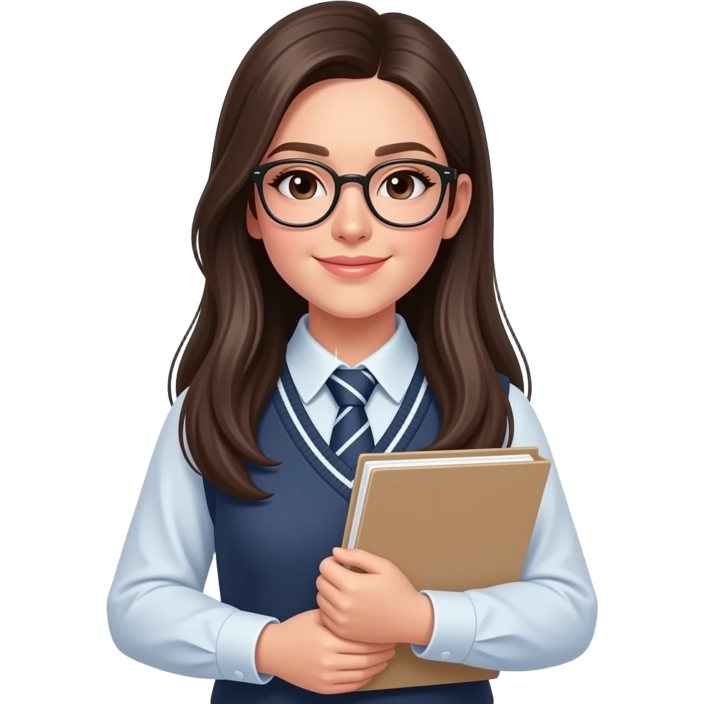 A female student with long, straight hair, giving off a student council president vibe. She wears trendy, thin-rimmed glasses, a perfectly buttoned-up school uniform shirt, and carries a document folder close to her chest. emoji