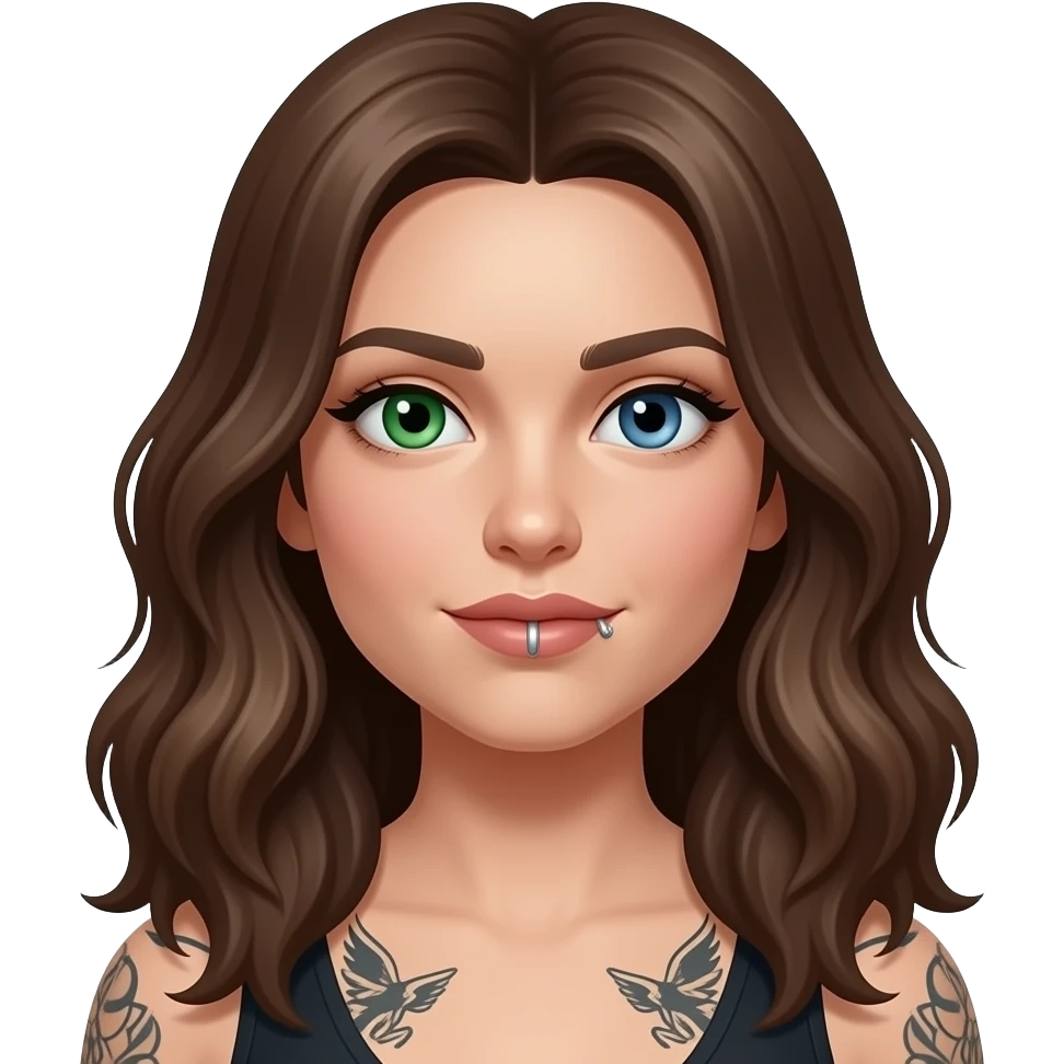 white long wavy haired brunette woman with one green eye one blue eye tattoos a philtrum piercing and a thin streak of grey hair emoji