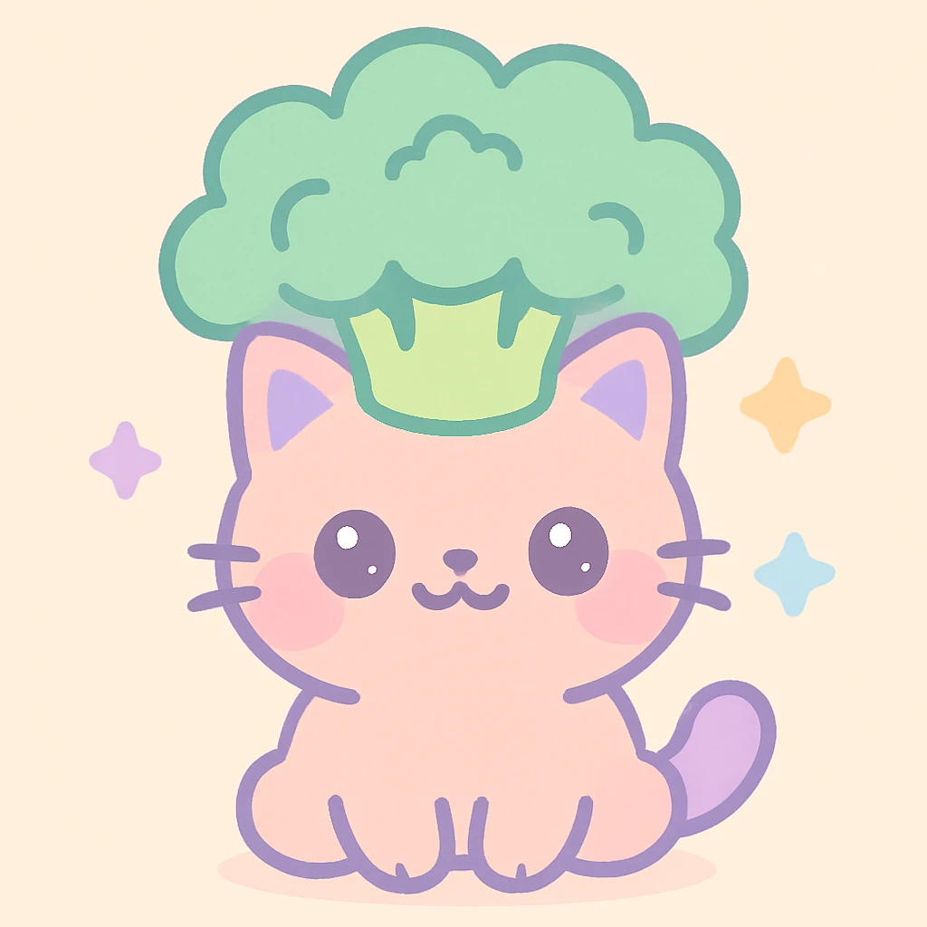 broccoli cat sitting with broccoli crown for hair, chubby cheeks, smiling, kawaii style emoji
