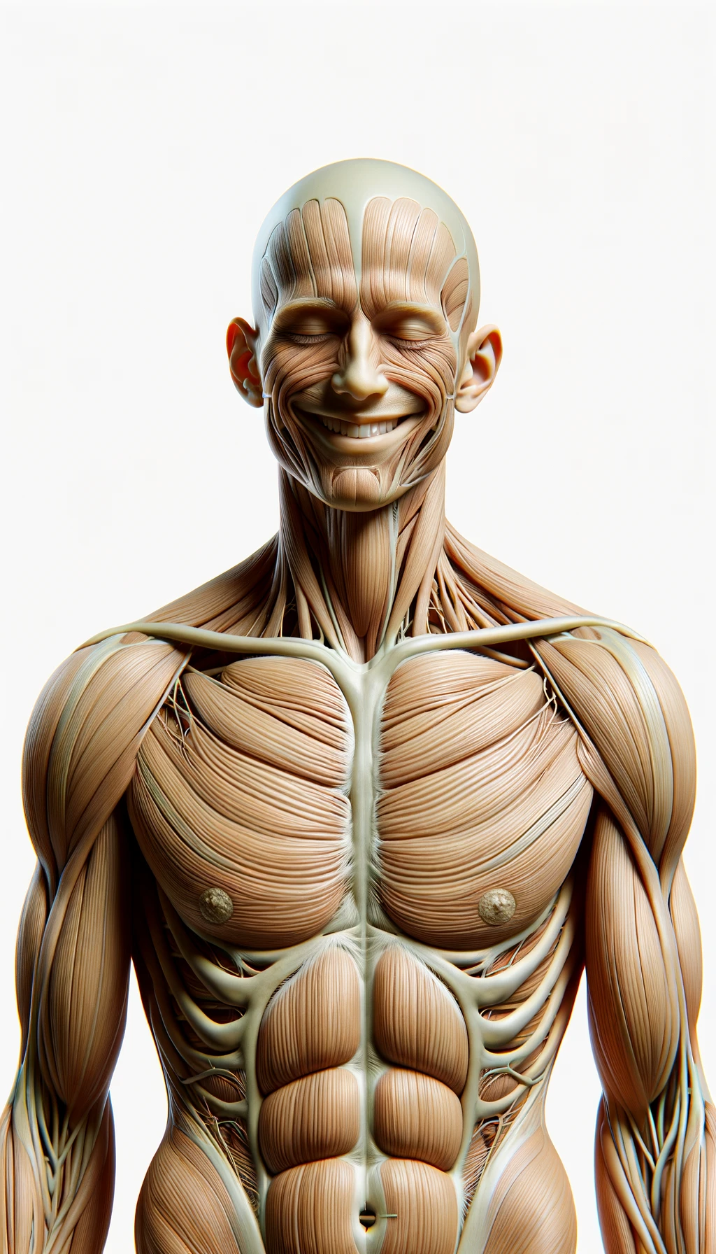 corpo umano anatomico a figura intera che sorride rilassato, iperrealistico 4k, isolato su sfondo bianco emoji