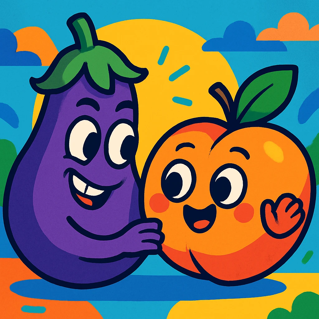 an eggplant and peach with playful interaction, cartoon style, vibrant colors emoji
