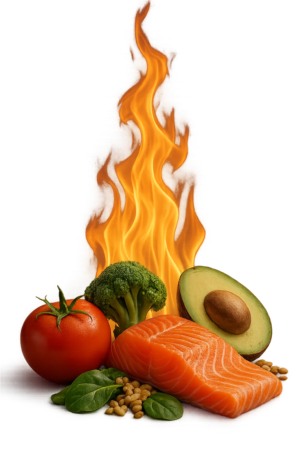fiamma su cibo sano, metabolismo iperrealistico emoji