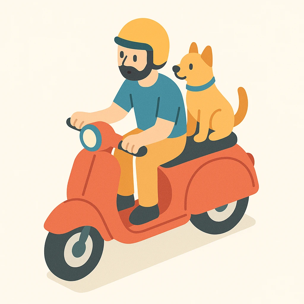 man and his pet dog riding a vespa emoji