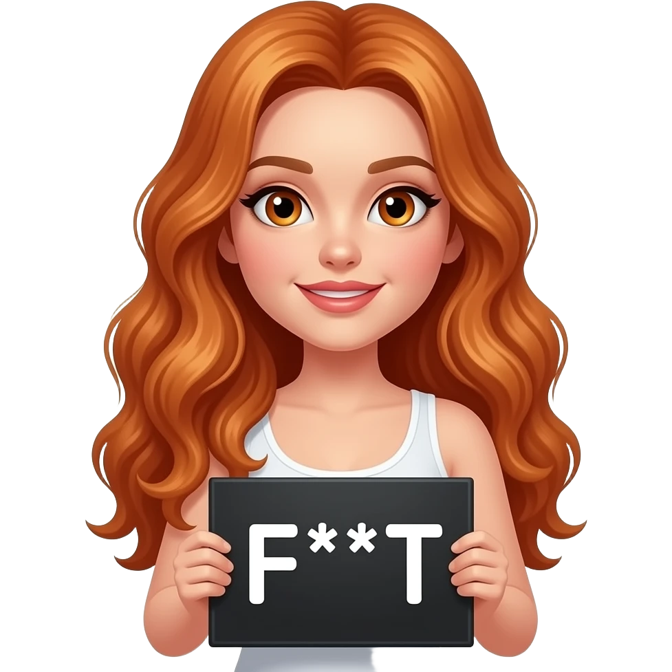 sexy girl with long wavy ginger hair and ginger eyes wearing a white tanktop is holding a black colored sign with HOT as F*** written on it emoji
