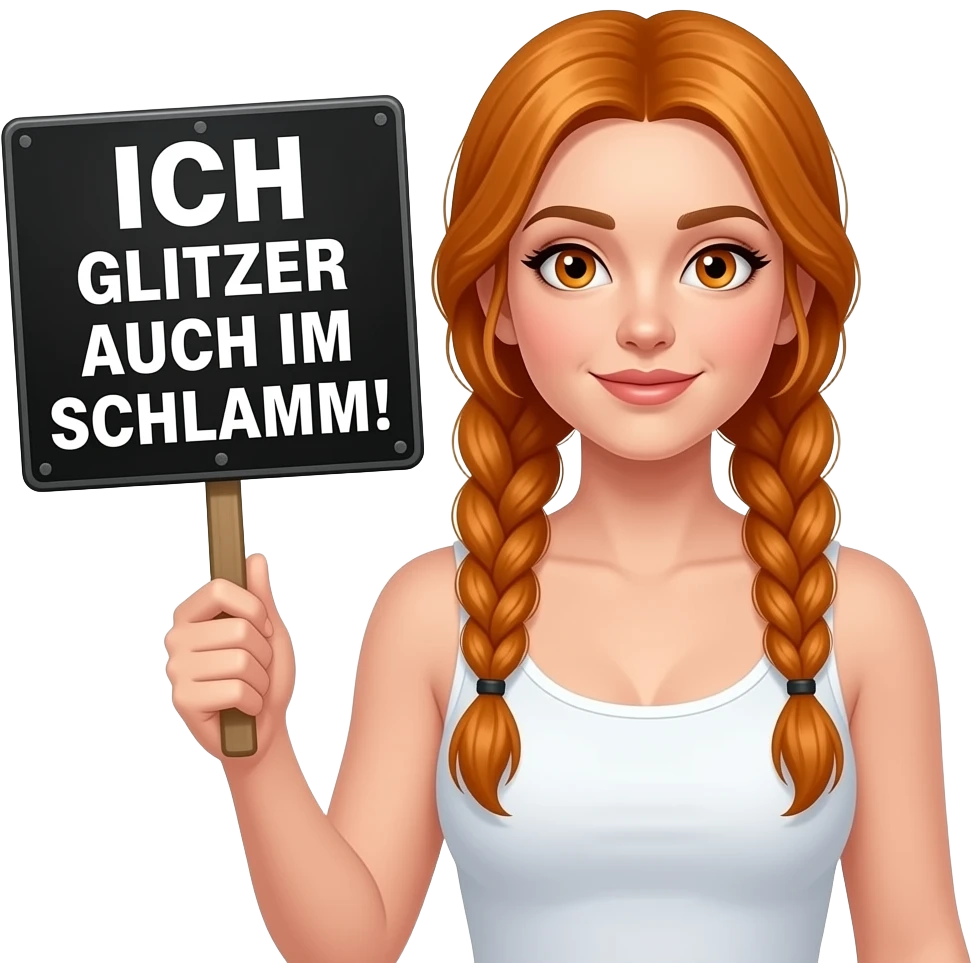 sexy girl with long ginger braids and ginger eyes wearing a white tanktop is holding a black sign with ICH GLITZER AUCH IM SCHLAMM! written on it emoji
