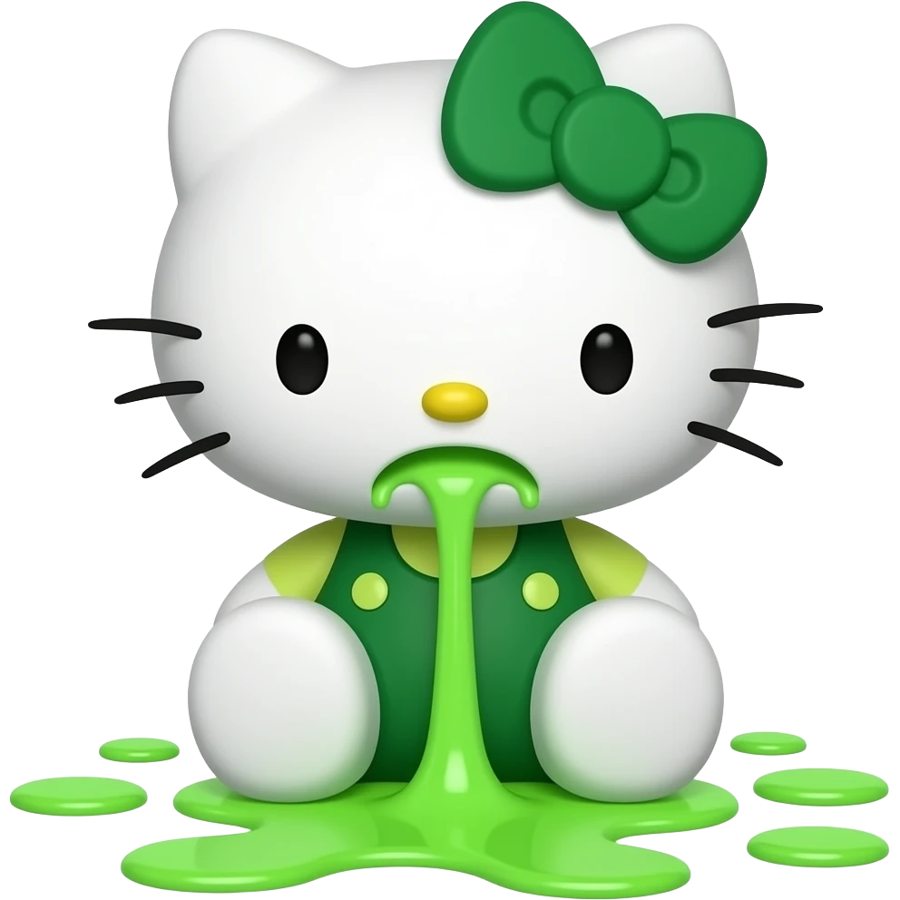 green-white hello kitty is vomiting neon green through her mouth, spewing it out onto the floor at her feet niagara fuck emoji
