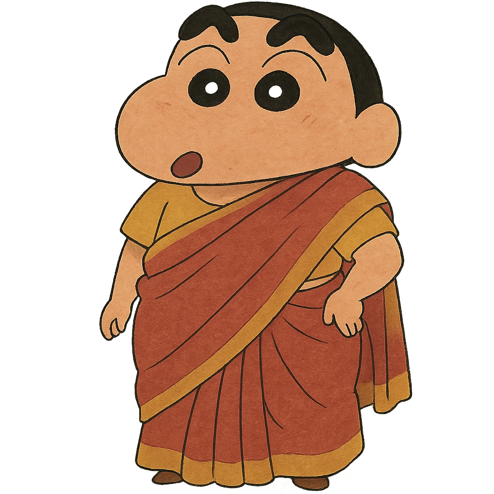 Shinchan dressed in a saree, hand-drawn look, simple background emoji