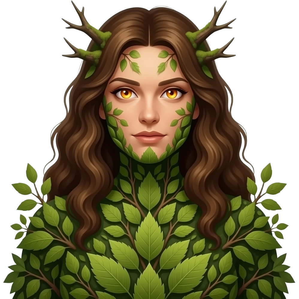 Mujer grande, cubierta de hojas, musgo y ramas, con ojos de fuego. emoji