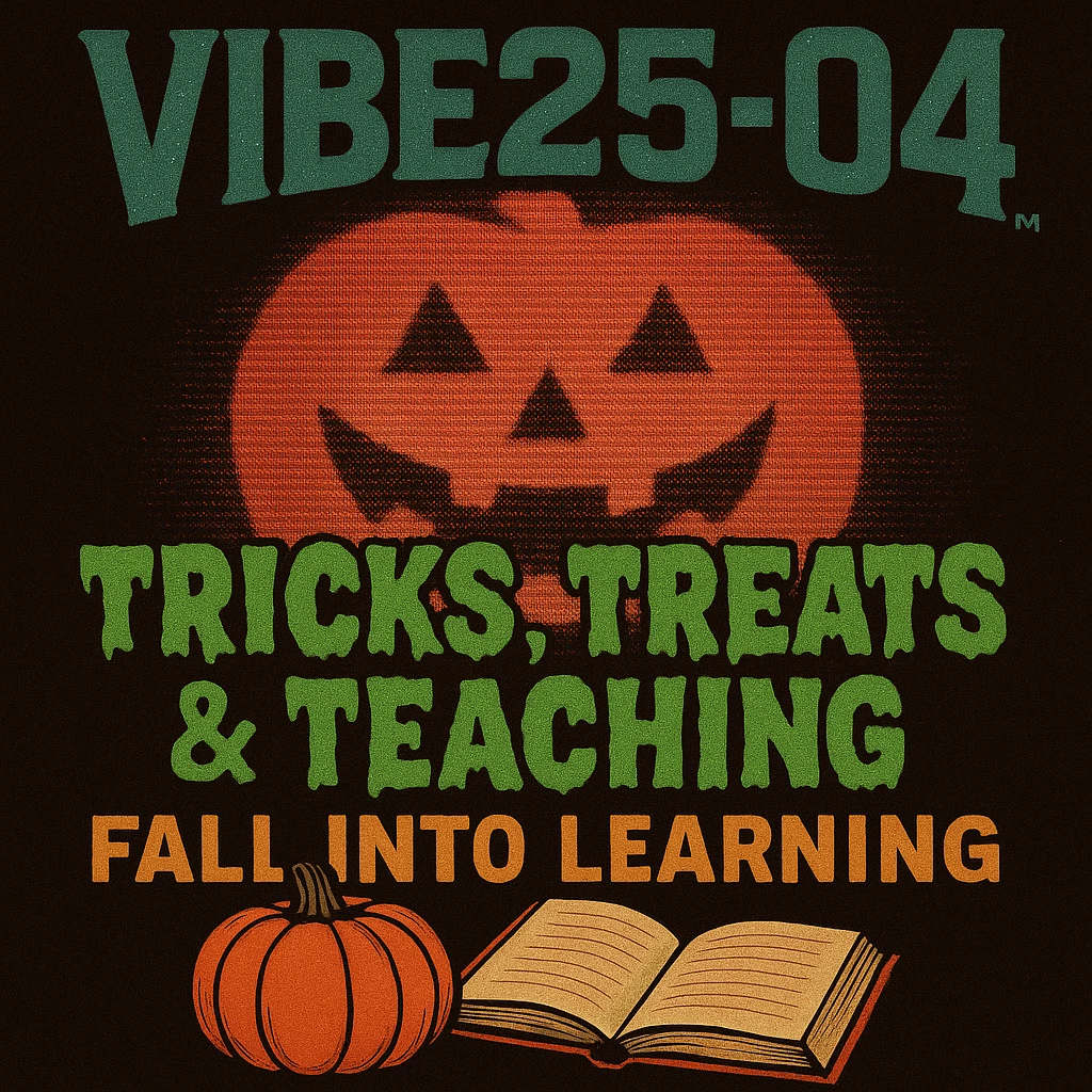 Create a logo that encompasses a retro 80's feel, nostalgic, ALSO RETRO.  Add the words "VIBE25-04: Tricks, Treats & Teaching: Fall Into Learning" emoji
