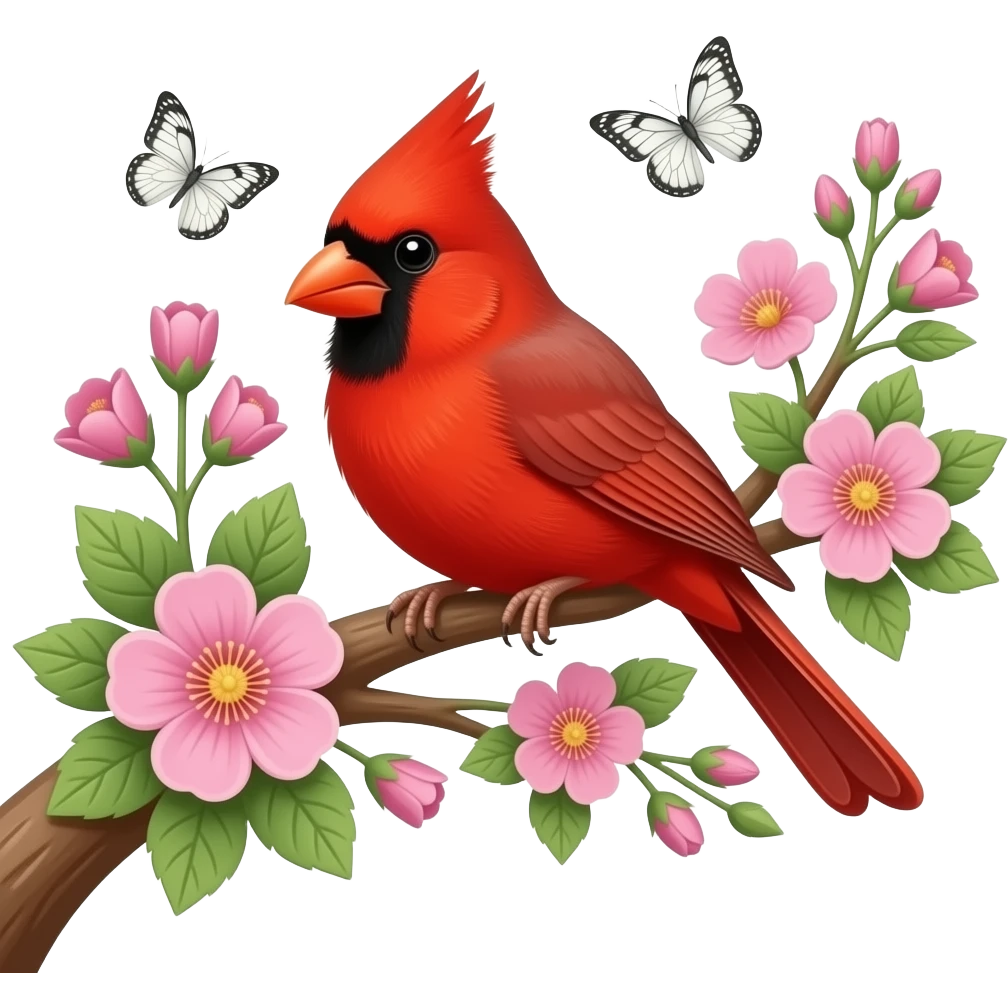 Red cardinal sitting in a tree with pink and green flowers with white butterflies emoji