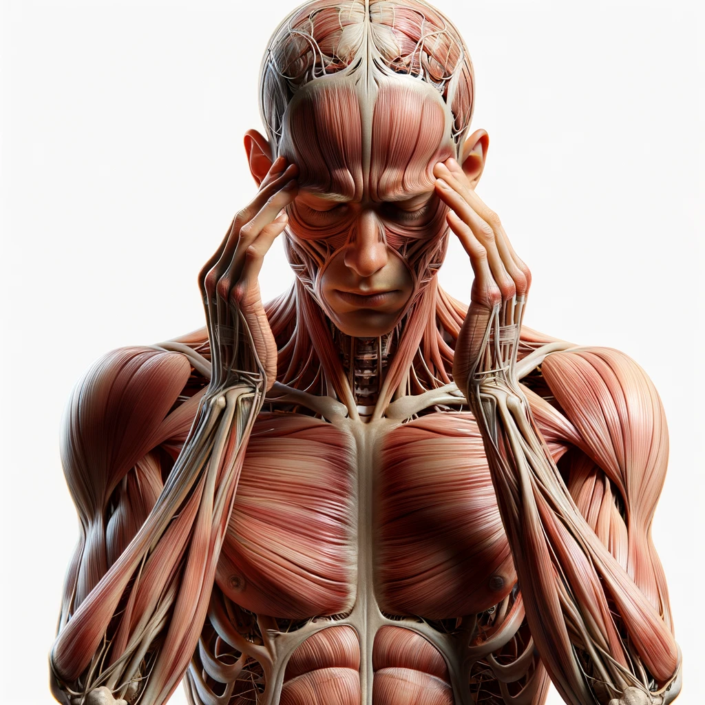 corpo umano anatomico con espressione stanca e stressata in volto, si tiene le dita sulle tempie per calmare il mal di testa, iperrealistico 4k, isolato su sfondo bianco emoji