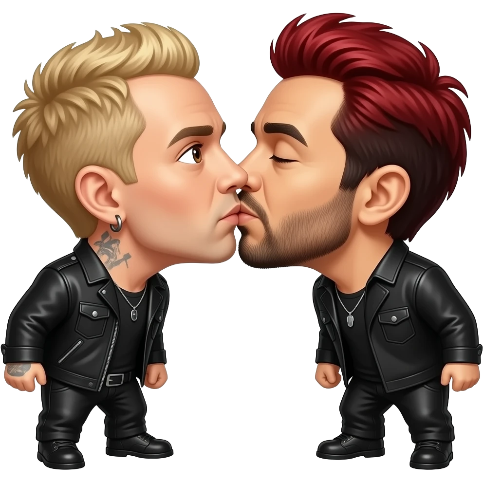 Chester Bennington with brown eyes, blonde hair, black outfit and Mike Shinoda with brown eyes, red hair, black outfit kissing emoji