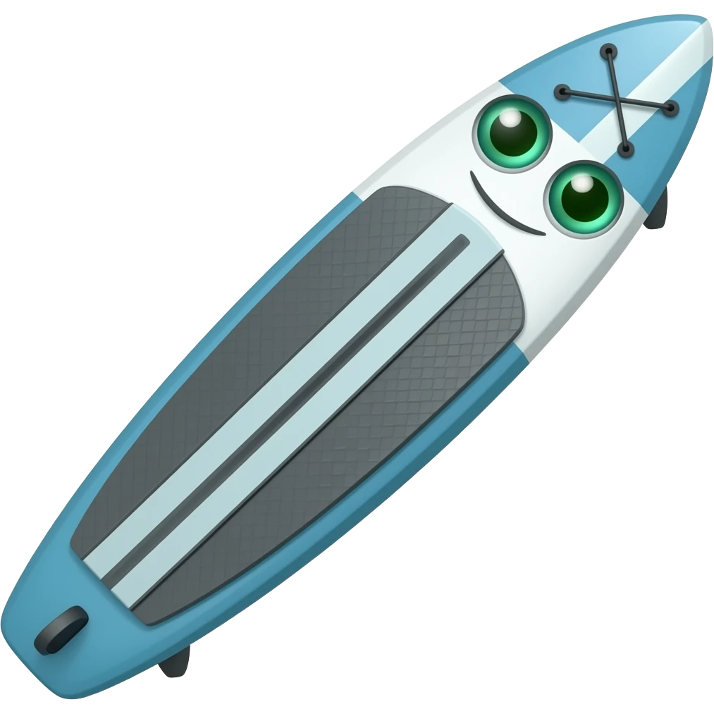 make the paddle board 30% longer, and change the face style so the eyes are 50% smaller and green eyes emoji