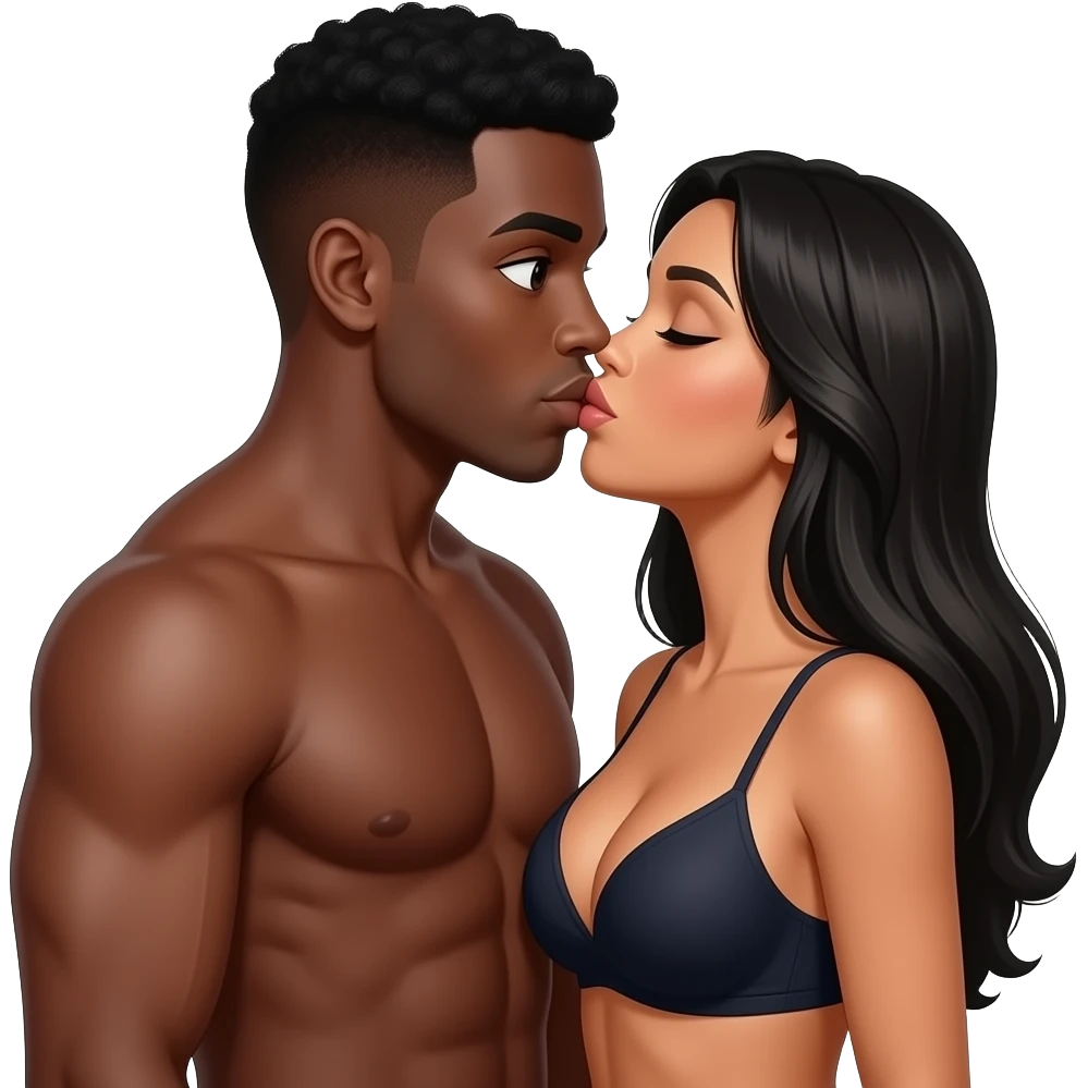 Black muscular man short hair big eyes french kissing brown Columbian woman long black hair large breast emoji