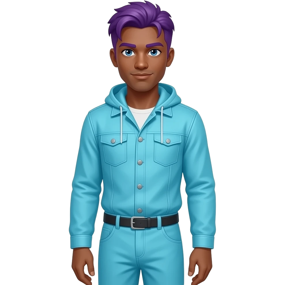 male brown skin all cyan outfit purple hair blue eyes full body emoji