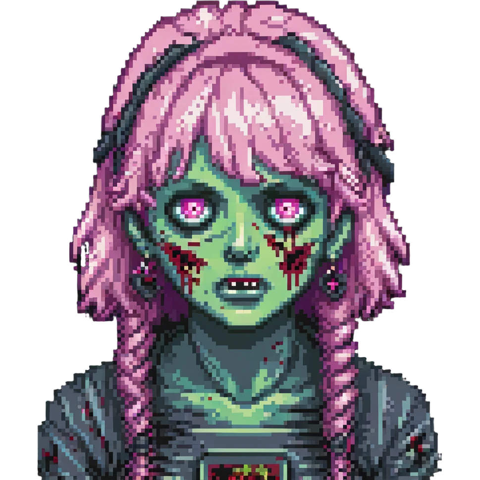 close-up face of girl zombie with pink hair and bangs, pixel art style emoji