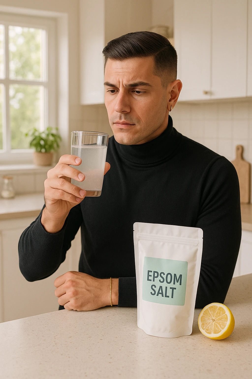 A realistic, bright photo-style image of a young man in his 30s standing in his kitchen, holding a clear glass filled with water in which Epsom salt (magnesium sulfate) has been dissolved. He looks focused but slightly uncertain as he prepares to drink it for a liver flush or digestive cleanse. The glass shows slight cloudiness from the dissolved salt. On the counter are a packet labeled 'Epsom Salt' and a sliced lemon, suggesting he might use it to mask the taste. The setting is clean, natural, and bright with neutral tones. The background shows sunlight streaming through a window, emphasizing a clean, minimalist health-focused environment. The mood conveys a realistic, calm moment of self-care with a hint of discomfort, illustrating a natural detox practice in italiano emoji