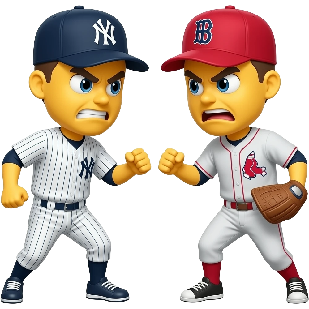 Angry Yellow 3D emoji, Yankees hat, fighting with yellow 3d emoji red Sox hat emoji