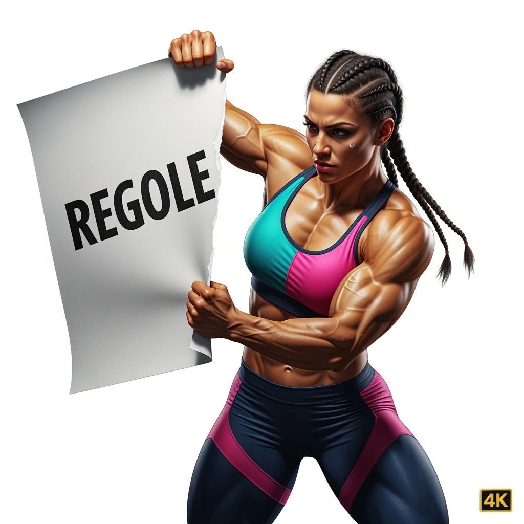 DONNA FITNESS CHE STRAPPA UN FOGLIO CON LA SCRITTA "REGOLE", IPERREALISTICA 4K, SENZA SFONDO emoji