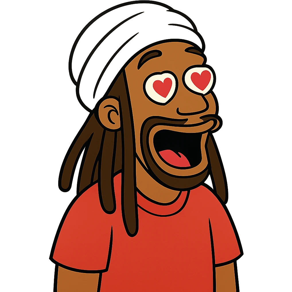 Brownskin man with long brown dreadlocks 
red t-shirt 
white turban 
expression is in love 
his eyes mouth open  emoji