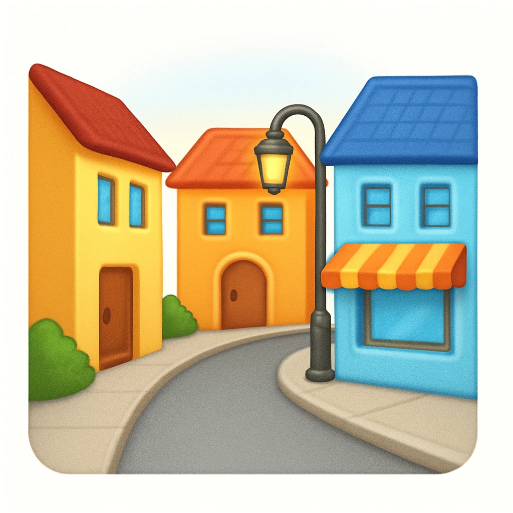 emoji of a small cozy street scene — a narrow road with a sidewalk, a few colorful buildings on the sides, and a streetlight. Soft daylight, clean design, minimal background, cheerful and detailed Apple emoji style emoji